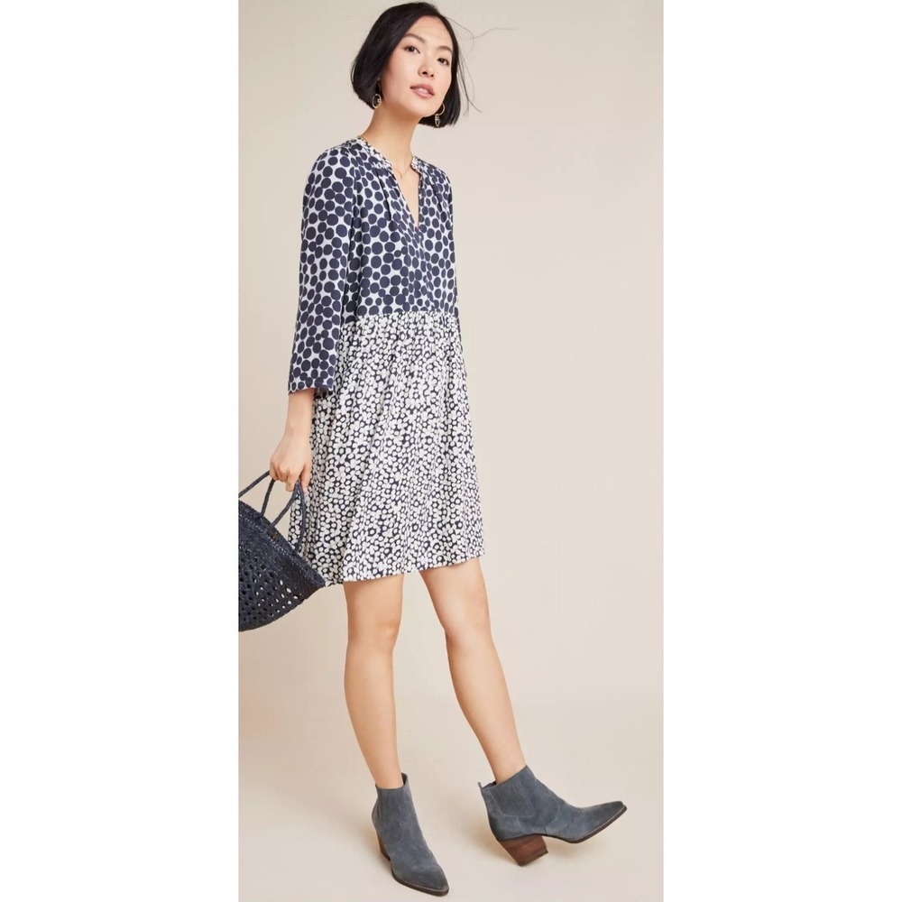 Anthropologie Maeve Small Nuuly‎ Juno Viscose Printed Blue Swing Polka Dot Dress